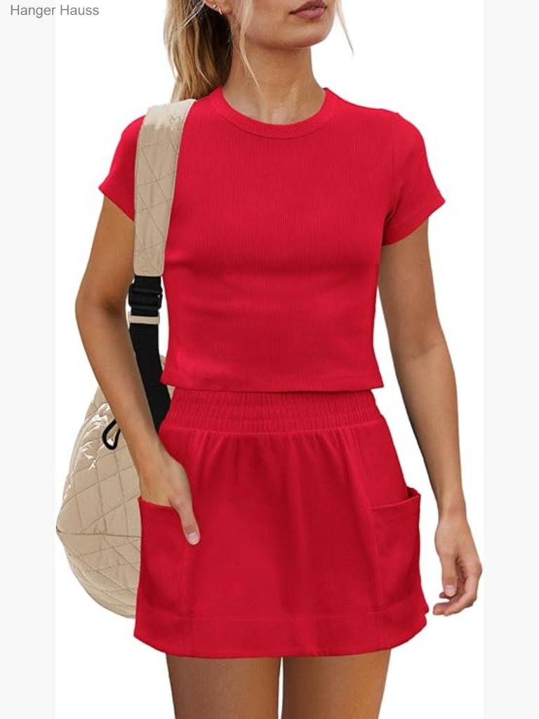 Two Piece Skirt Set With Pockets Ribbed Crop Top And Skort Active Lounge
